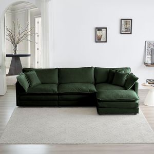 Divano Componibile Modulare Oversize a L con Pouf Reversibile in Ciniglia Verde per Soggiorno - Product Image 2