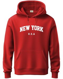 Sweat-shirt à capuche imprimé New York U.S.A pour homme, coupe classique, en polaire rouge, décontracté, pour l'automne, avec poche - Product Image 1