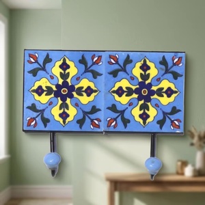Export Quality Blue Pottery Wall Coat Hook Sky Blue Ceramic Tile Cast Iron Material <b>Beads</b> <b>Art</b> CIH 198 Uttar Pradesh - Product Image 3
