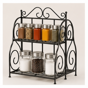 Foldable Spice Rack Organizer for <b>Kitchen</b> Countertop Space-Saving Metal Scrollwork Seasoning Shelf Iron Masala Stand for <b>Pantry</b> - Product Image 3