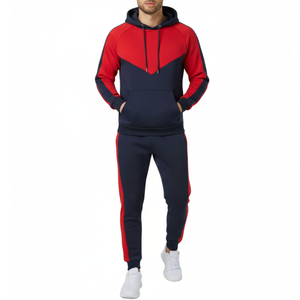 Ensemble de survêtement homme bleu marine et rouge très demandé - Sweat à capuche Chevron V-Shape color block avec pantalon de haute qualité - Product Image 1
