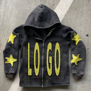 Sudadera con capucha oversize de algodón con cremallera, efecto desgastado, bordado y parches, lavado ácido y efecto descolorido por el sol, estilo streetwear. - Product Image 3