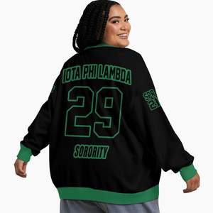 Cardigan tricoté personnalisé pour femmes Iota Phi Lambda, noir et vert émeraude, avec lettres, blason, numéro et année, boutonné sur le devant - Product Image 2