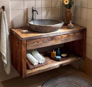 Meuble-lavabo mural en bois massif avec étagère de rangement ouverte, style rustique, pour maison moderne et hôtel - Product Image 1