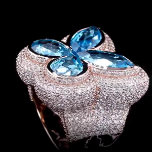 Anillo de diamantes de moissanita con incrustaciones de mariposa, plata 925, engaste pavé, piedra azul, anillo llamativo para mujer - Product Image 5