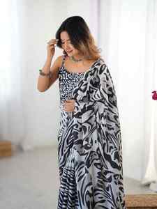 Sari moderne réversible à imprimé zèbre avec motif abstrait en polyester pour femme, tenue de soirée, longueur au sol, coupe classique - Product Image 6