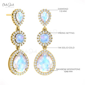 14k Solid Gold Natural Rainbow Moonstone & 1.1mm Pave Set Diamond Halo Dangle <b>Earrings</b> June Birthstone Cocktail Jewelry - Product Image 6
