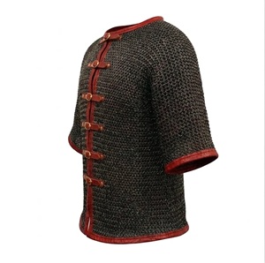 Medieval Chainmail Shirt Mild Steel <b>Flat</b> Riveted Ring Leather Trim Half Sleeve Hauberk Armor Handmade Halloween and Ester Party - Product Image 3