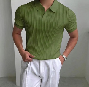 Old Money Men's Black Knitted <b>Waffle</b> Fabric for <b>Shirt</b> Short Sleeve Solid Color Smart Casual Breathable Back Neck Logo Turn From - Product Image 1