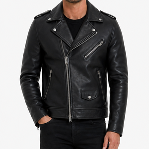Veste moto en cuir véritable noir pour homme, col rabattu, fermeture éclair, coupe ajustée, longueur normale, couleur unie, style automne - Product Image 1