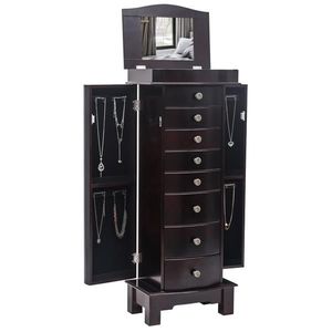 Armadio Portagioie Marrone con 8 Cassetti, 16 Ganci per Collane, 2 Ante Laterali a Battente, Specchio Incluso, Organizzatore per Gioielli - Product Image 1