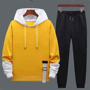 Men Solid Color Hooded Tracksuit Full Length Casual Autumn Breathable Polyester Cotton <b>Pants</b> Set With Side Pockets - Product Image 1