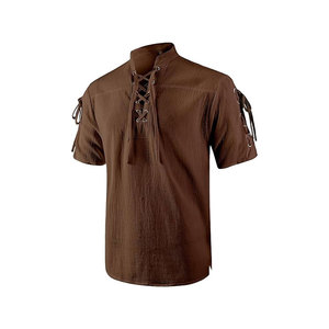 Chemise médiévale pour homme en coton vintage marron à manches longues, col mandarin, avec laçage sur le devant et bretelles aux épaules - Product Image 1