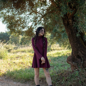 เดรสสั้นผ้าฝ้ายริบเนื้อนุ่มสำหรับผู้หญิง คอสูงแบบสบายๆ แขนยาว ผ้าบางเบา ระบายอากาศได้ดี - Product Image 1