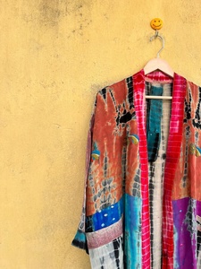 Women Tie Dye <b>Kimono</b> <b>Robe</b> Full Length V-Neck <b>Long</b> Sleeve Casual Wear Summer Style Soft Woven 100% Cotton - Product Image 3