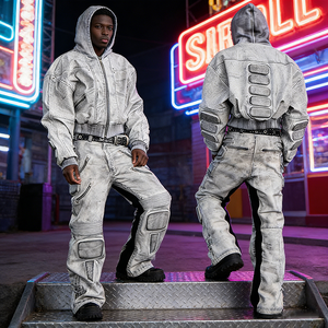 Ensemble de survêtement unisexe en denim délavé foncé, veste boutonnée pleine longueur, coupe classique, style streetwear décontracté, 100 % coton, poids moyen, respirant - Product Image 5