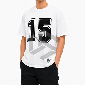 T-shirt formel blanc à manches courtes pour homme avec impression du numéro 15 noir, col rond, tricoté en polyester/coton, coupe ample - Product Image 3