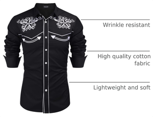 Chemise Western Noire Brodé pour Homme, Coupe Slim, Boutons Pression Perlés, Col Passepoilé, Manches Longues Contrastantes, Idéale pour Spectacles Scéniques - Product Image 2