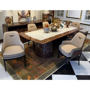 Juego de Comedor Moderno Italiano de Madera de Teca Sólida, Mesa de Mármol de Alto Brillo, 7 Piezas, Sillas de Cuero Sintético de Lujo, Muebles de Comedor para Hotel - Product Image 1