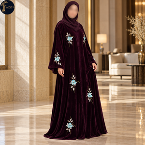 Tela de Terciopelo Borgoña con Bordado de Flores Azules con Lentejuelas |   Tela Suave con Adornos para una Elegante Abaya Floral - Product Image 2