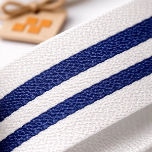 ริบบิ้นตกแต่งโพลีเอสเตอร์ 100% ลายทางสีขาวน้ำเงิน กว้าง 20 มม. ยี่ห้อเนลกามัล อินดัสทรีส์ ทนต่อการหดตัว เหมาะสำหรับตกแต่งเสื้อผ้าและบรรจุภัณฑ์ - Product Image 1