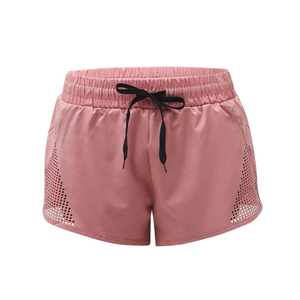Shorts pour femmes, rose uni, tricotés, avec empiècements en mesh, taille à cordon de serrage, respirants, coupe sportive, taille mi-haute, style classique - Product Image 1