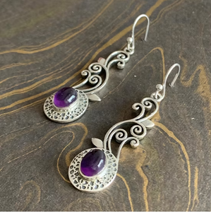 Handmade Silver 925 Vintage Style <b>Earrings</b> With <b>Small</b> Oval Purple Amethyst Stones Detailed Swirl Filigree <b>Dangle</b> Jewelry - Product Image 3