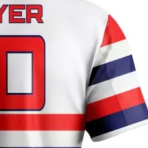 Maillot de baseball blanc et rouge avec accents bleu marine, manches courtes, motif rayé, idéal pour l'entraînement en équipe et les vêtements de sport - Product Image 5