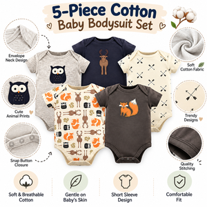 Conjunto de Mameluco de Algodón Estampado para Bebé |   Colección de Bodys de Manga Corta, Ropa Suave y Transpirable para Recién Nacidos, Ropa de Bebé Unisex, Estilo Clásico - Product Image 5