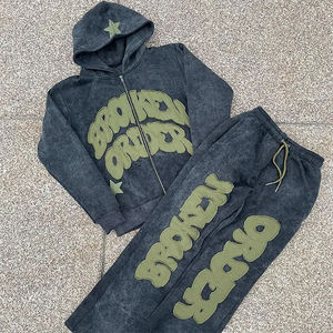 Custom 400 Gsm Sweat Suit with Acid Wash Distressed Embroidery Baggy <b>Trouser</b> and Hoodie Set Flared Tracksuit <b>for</b> <b>Women</b> - Product Image 6