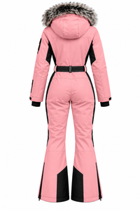 Combinaison de ski imperméable pour femme avec capuche, garniture en fourrure, blocs de couleur et fermeture éclair pour l'isolation - Product Image 2