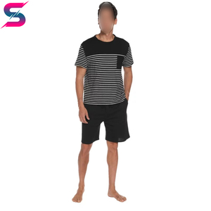 Conjunto de Camiseta y Pantalones Cortos a Rayas de Verano, Estilo Moderno, Cuello Redondo, Tejido de Algodón, Atuendo Informal Transpirable, Diseño a Rayas Blancas y Negras - Product Image 2