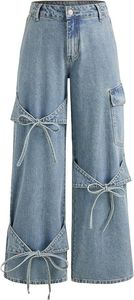 Pantalon cargo tendance pour femme grande taille en denim délavé moyen, coupe large, taille mi-haute, style urbain, patchwork nœud papillon, éco-responsable - Product Image 2