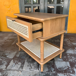 Console d'entrée en bois sur mesure avec tiroir à façade en rotin tressé et étagère inférieure pour importateurs – Vente en gros usine Jepara - Product Image 1