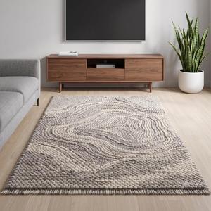 Tapis en laine tissé à la main beige et gris, couleur unie, antidérapant, à poils moyens, avec franges, décoration moderne pour la maison - Product Image 4