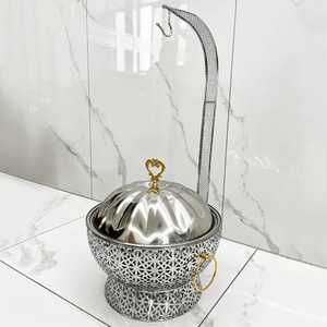 Luxury <b>White</b> Gold Serving Bowl With Lid Ornate Geometric Cutout Pattern Buffet Presentation Dish With Heart Motif Handle - Product Image 1