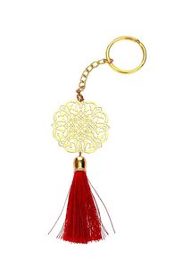 Llavero de Lujo con Mandala de Latón y Borla Roja, Forma Redonda, Acabado Dorado, para Llaves, Bolsos y Carteras - Product Image 1