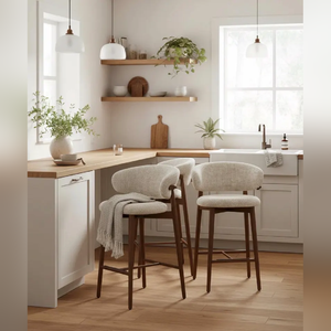 Modern Solid <b>Wood</b> Upholstered Bar <b>Stool</b> with Linen Fabric Handmade Curved Backrest for Kitchen Island and Dining Room - Product Image 3