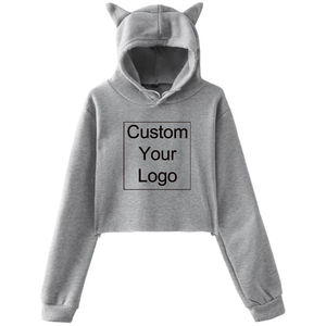 Custom Logo Women's Pink Cropped <b>Hoodie</b> <b>With</b> <b>Cat</b> <b>Ears</b> Applique Casual Sweatshirt Front Print Design - Product Image 6