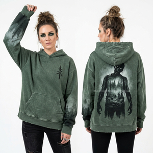 Sweat à capuche vert forêt délavé à l'acide, avec motif graphique personnalisé silhouette cimetière et impression de pin sur la poitrine, style streetwear effet vieilli bois - Product Image 1