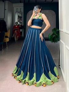 <b>Women</b> <b>Lehenga</b> Choli Cotton Floor-Length Quick Dry Festival Dress Gamthi Work Mirror Embellishment Pleated Skirt Navratri Wedding - Product Image 5