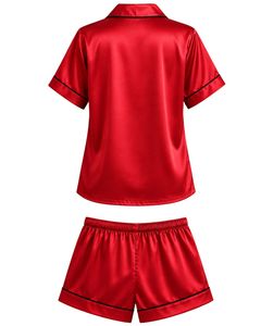 Conjunto de pijama de satén rojo personalizado para mujer, ropa de dormir de seda de lujo, traje de noche con botones, conjunto de loungewear suave de manga corta. - Product Image 2