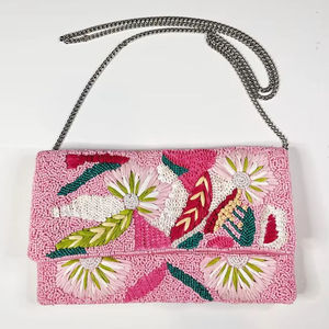 Handmade <b>Pink</b> Floral Embroidered <b>Clutch</b> Rectangular Shape Cotton Textile Craft Handbag - Product Image 1