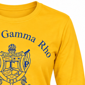 Camisa de Manga Larga Dorada Sigma Gamma Rho con Estampado Gráfico del Escudo Azul 1922, Cuello Redondo, Prenda de la Hermandad Griega, Top Clásico Informal - Product Image 6