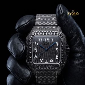 Montre de luxe en quartz noir glacé, entièrement sertie de diamants moissanite noirs, boîtier carré tonneau, bracelet en acier inoxydable, mode masculine - Product Image 2