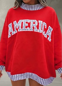 Trendy New Women Oversized <b>Mock</b> <b>Neck</b> Sweatshirt USA Gingham Print Long Sleeve Knitted Cotton Autumn Casual Streetwear <b>Top</b> - Product Image 2