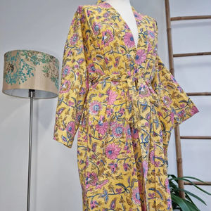 Robe Kimono de Chambre en Coton Pur Imprimée à la Main, Modèle 2026, Couleurs Pastel Jaune, Rose et Bleu, Motif Floral Gardénia, Douce et Tendance - Product Image 6