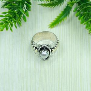 Bague en perle d'eau douce naturelle, argent sterling 925 avec bande en laiton, bijou en perle de style statement, design martelé, cadeau de Noël - Product Image 6