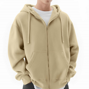 Sudadera con capucha beige extragrande personalizada para hombre con cremallera completa, capucha con cordón y bolsillos tipo canguro divididos, estilo streetwear - Product Image 2