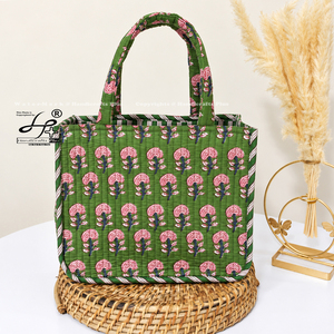 Customized Quilted <b>Mini</b> Handbag Cotton Fabric Daily Use Shoulder Bag Green Floral Trendy Women <b>Hand</b> Purse Block Print Reusable - Product Image 1